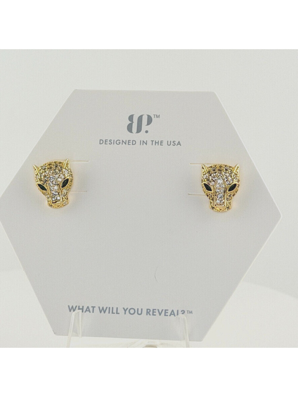 Bomb Party Stud Earrings "Glam Box" Panther Leopard Jag Bringback on Yellow Gold